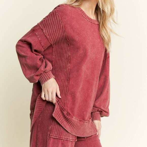 NWT - J.Her Burgundy Mineral Wash Terry Knit Sweater Sweatshirt - Picture 1 of 4